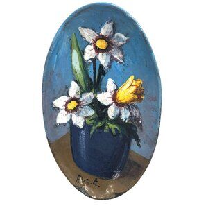 Beautiful Blooming Daffodils Blue Vase Hand Painted Ceramic Oval Picture Made in